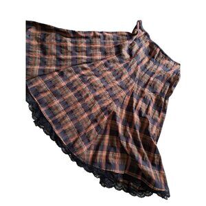 Vtg Plaid Skirt Medium Brown Dark Academia Preppy Women's Lace Trim